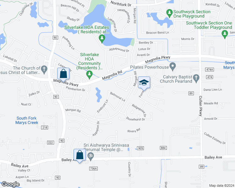 map of restaurants, bars, coffee shops, grocery stores, and more near 3903 Balmoral Lane in Pearland