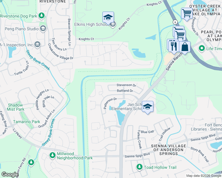 map of restaurants, bars, coffee shops, grocery stores, and more near 7002 Stevenson Drive in Sugar Land