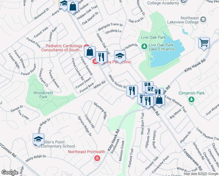 map of restaurants, bars, coffee shops, grocery stores, and more near 7735 Fallen Pines in Converse