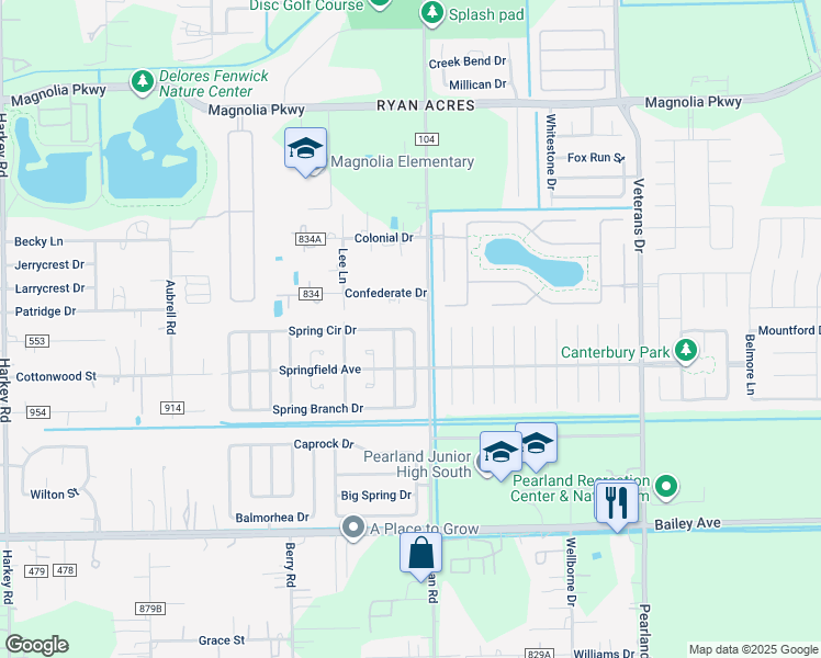 map of restaurants, bars, coffee shops, grocery stores, and more near 3914 Spring Circle Drive in Pearland