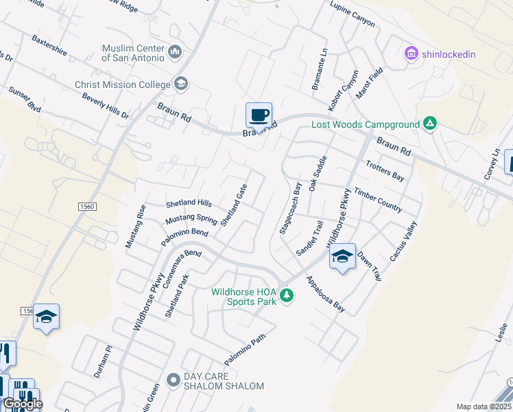 map of restaurants, bars, coffee shops, grocery stores, and more near 10207 Caspian Bend in San Antonio