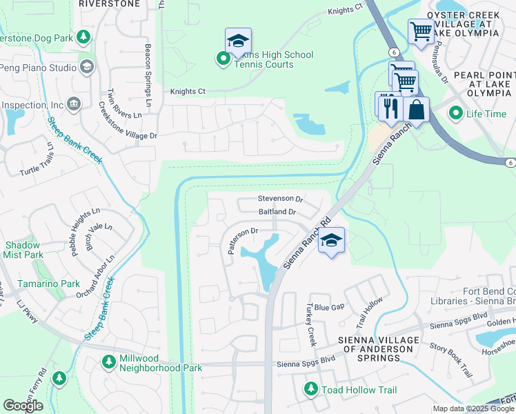 map of restaurants, bars, coffee shops, grocery stores, and more near 7007 Baitland Drive in Missouri City