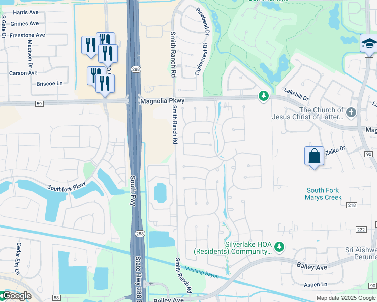 map of restaurants, bars, coffee shops, grocery stores, and more near 2618 Misty Grove Drive in Manvel