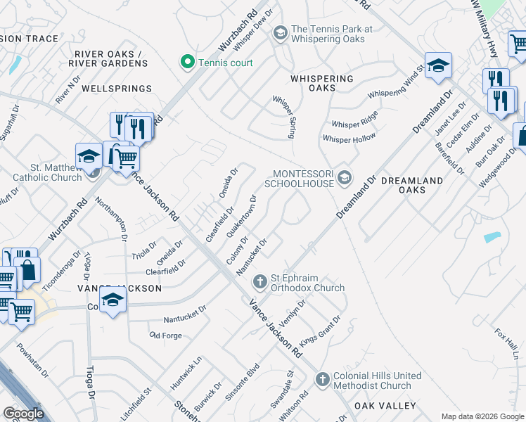 map of restaurants, bars, coffee shops, grocery stores, and more near 3027 Colony Drive in San Antonio
