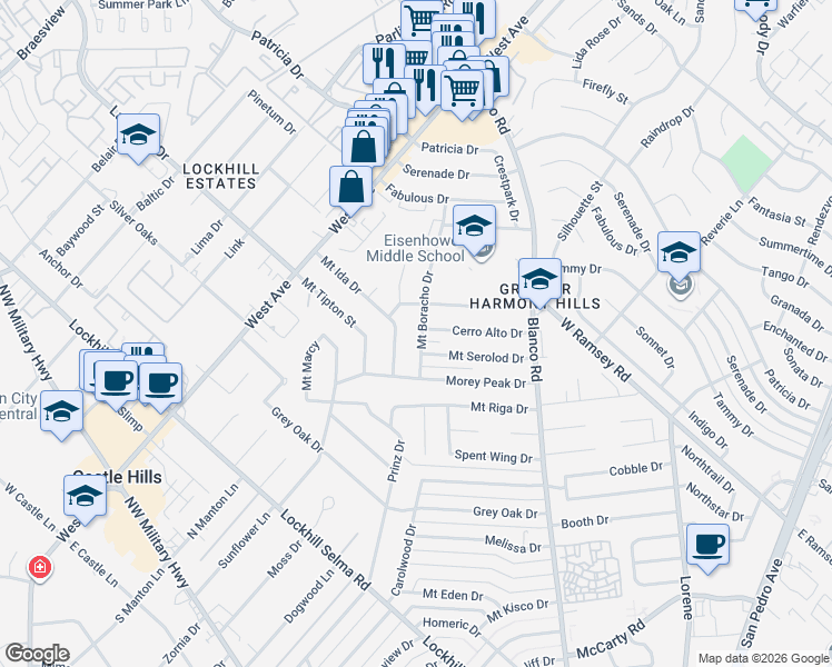 map of restaurants, bars, coffee shops, grocery stores, and more near 10703 Mount Boracho Drive in San Antonio