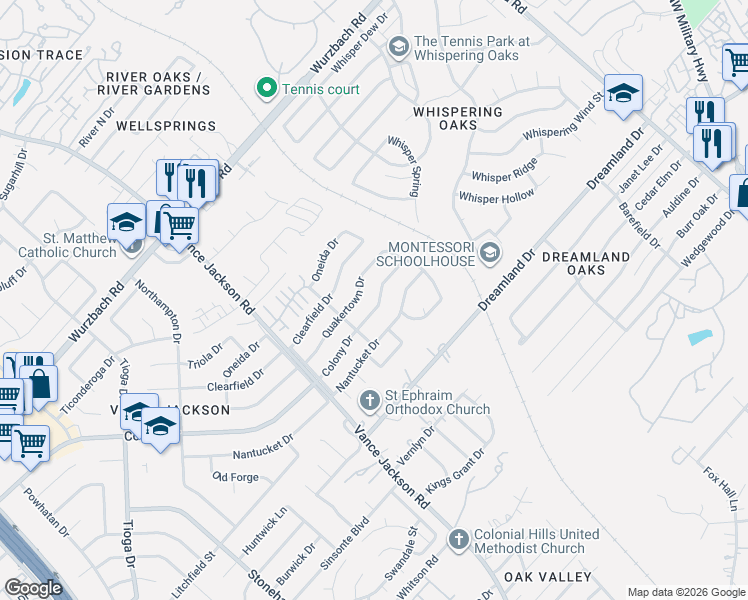 map of restaurants, bars, coffee shops, grocery stores, and more near 3027 Colony Drive in San Antonio