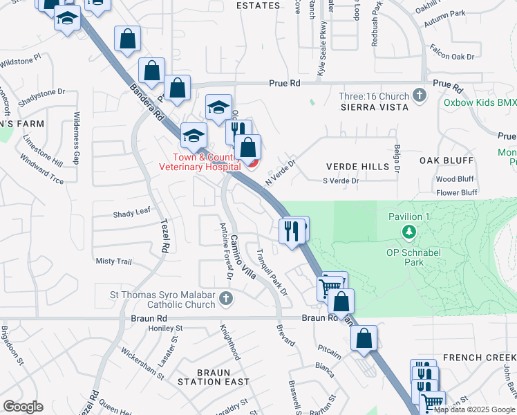 map of restaurants, bars, coffee shops, grocery stores, and more near 9830 Camino Villa in San Antonio