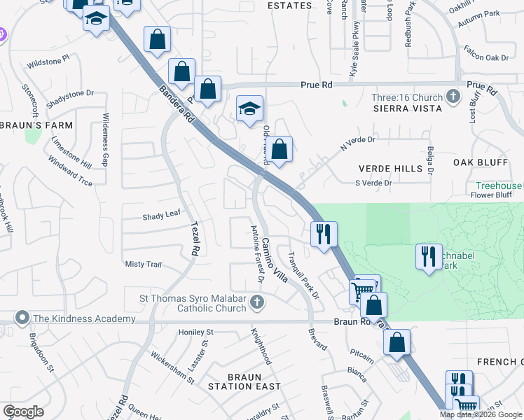 map of restaurants, bars, coffee shops, grocery stores, and more near 9830 Camino Villa in San Antonio