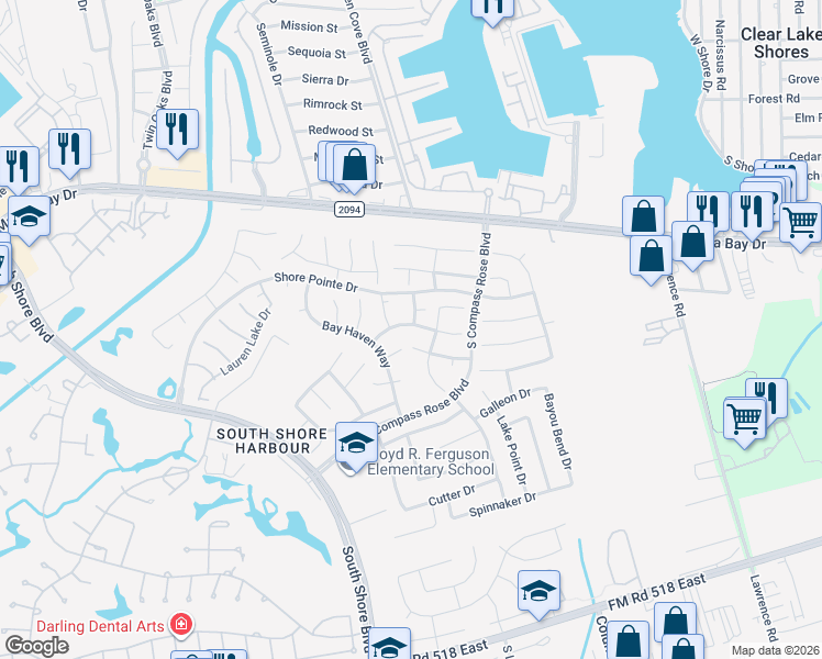map of restaurants, bars, coffee shops, grocery stores, and more near 2219 Summer Reef Drive in League City
