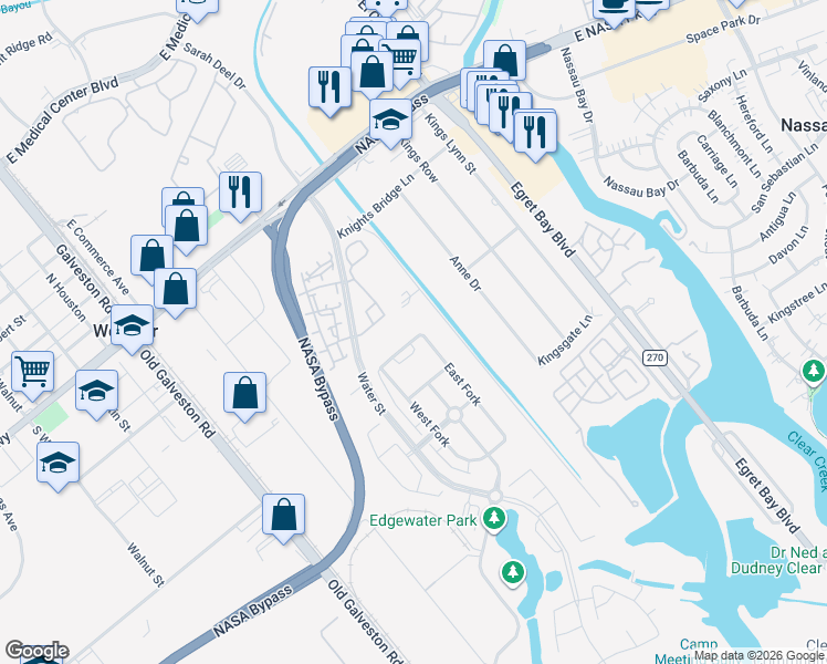 map of restaurants, bars, coffee shops, grocery stores, and more near 636 Pertonila Lane in Webster
