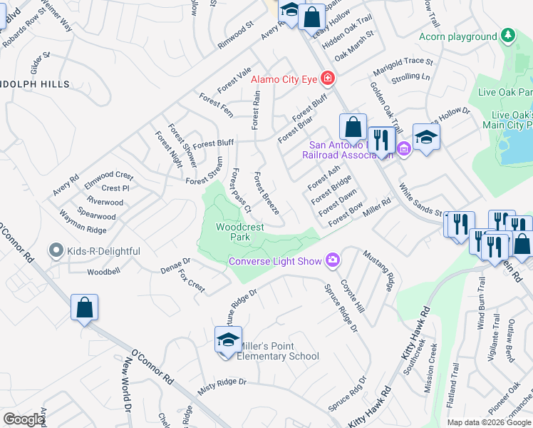 map of restaurants, bars, coffee shops, grocery stores, and more near 10909 Forest Breeze in Live Oak