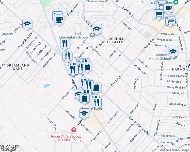 map of restaurants, bars, coffee shops, grocery stores, and more near 1718 Cedric Lane in San Antonio