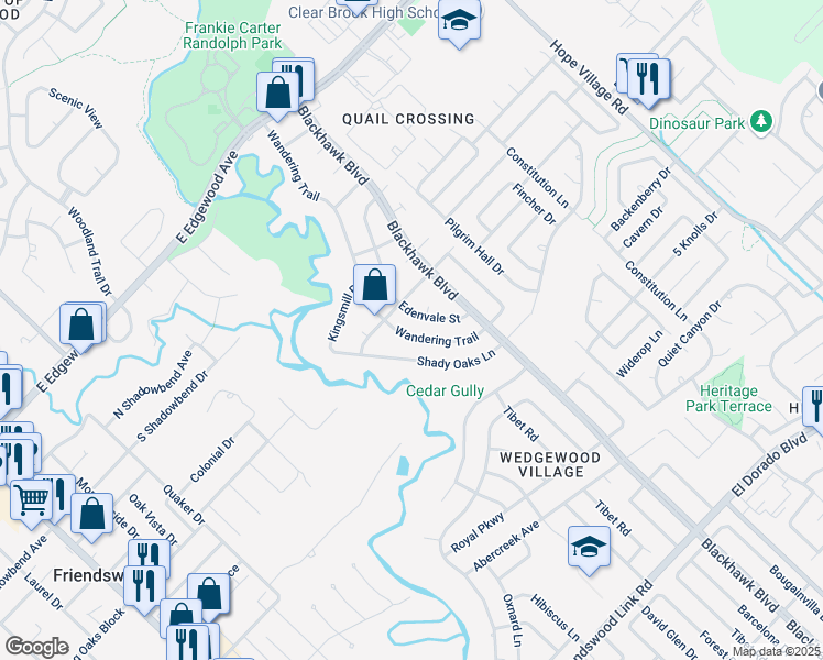 map of restaurants, bars, coffee shops, grocery stores, and more near 15723 Wandering Trail in Friendswood