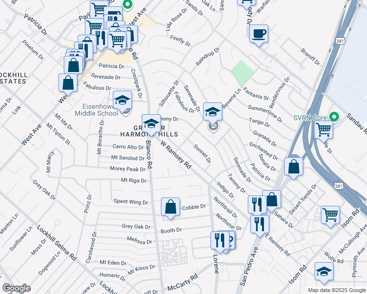 map of restaurants, bars, coffee shops, grocery stores, and more near 635 Indigo Drive in San Antonio