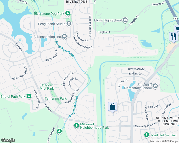map of restaurants, bars, coffee shops, grocery stores, and more near 6013 Thompson Ferry Road in Sugar Land