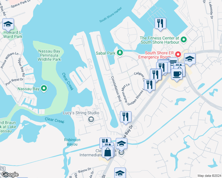 map of restaurants, bars, coffee shops, grocery stores, and more near 517 Constellation Boulevard in League City