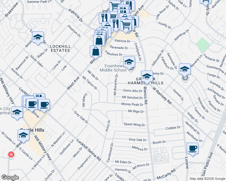 map of restaurants, bars, coffee shops, grocery stores, and more near 10703 Mount Boracho Drive in San Antonio