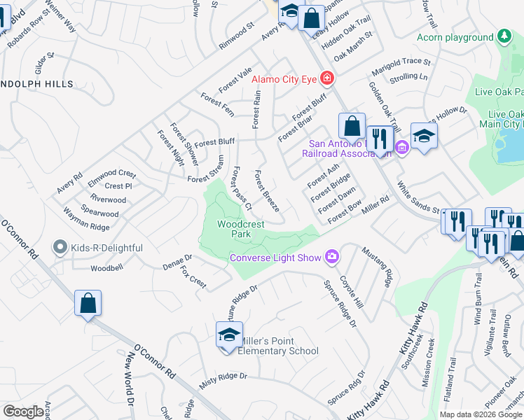 map of restaurants, bars, coffee shops, grocery stores, and more near 7705 Marco Crest in Live Oak