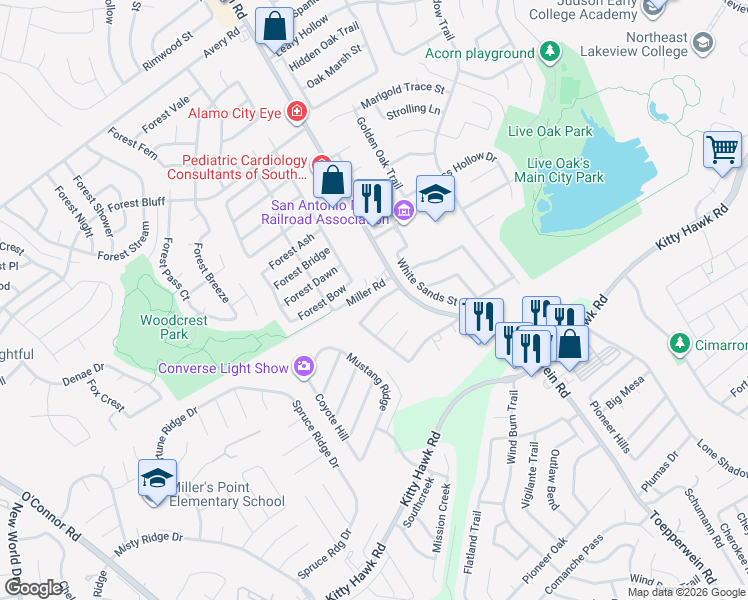 map of restaurants, bars, coffee shops, grocery stores, and more near 8134 Forest Bow in Live Oak