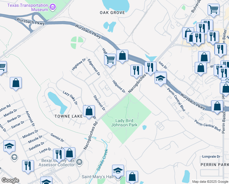 map of restaurants, bars, coffee shops, grocery stores, and more near 10631 Nacogdoches Road in San Antonio