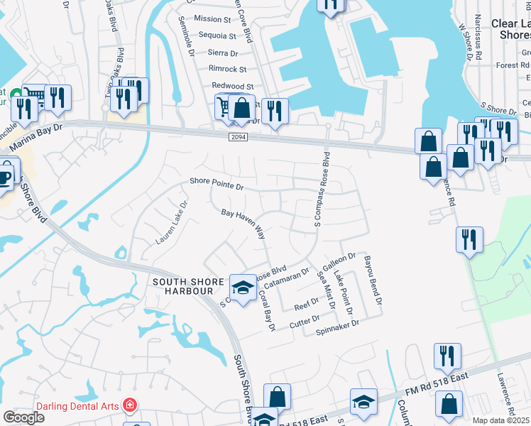 map of restaurants, bars, coffee shops, grocery stores, and more near 2228 Quiet Lake Court in League City