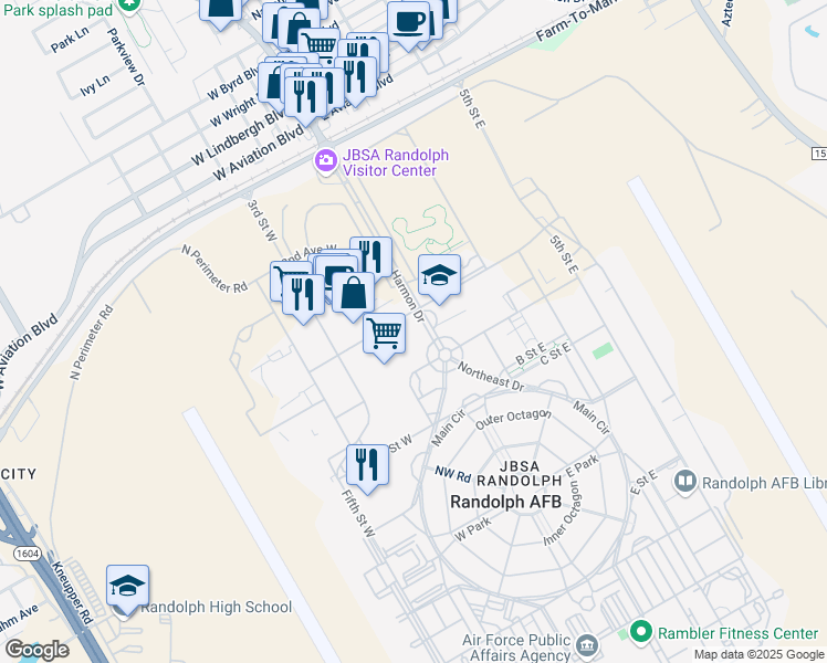 map of restaurants, bars, coffee shops, grocery stores, and more near 611 Harmon Drive in Randolph Air Force Base