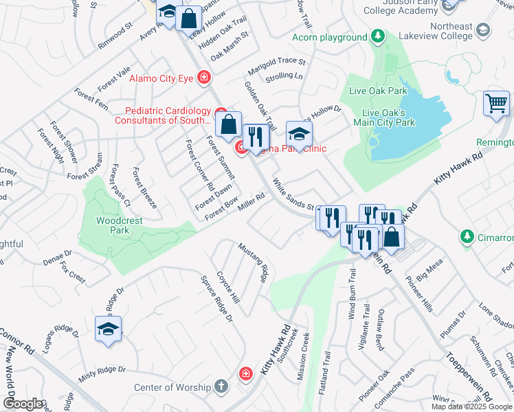 map of restaurants, bars, coffee shops, grocery stores, and more near 8134 Forest Bow in Live Oak