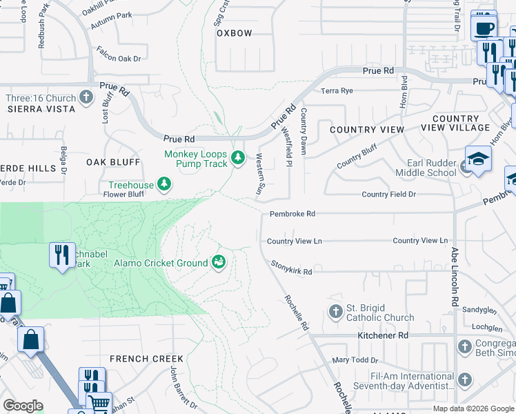 map of restaurants, bars, coffee shops, grocery stores, and more near 7042 Western Skies in San Antonio