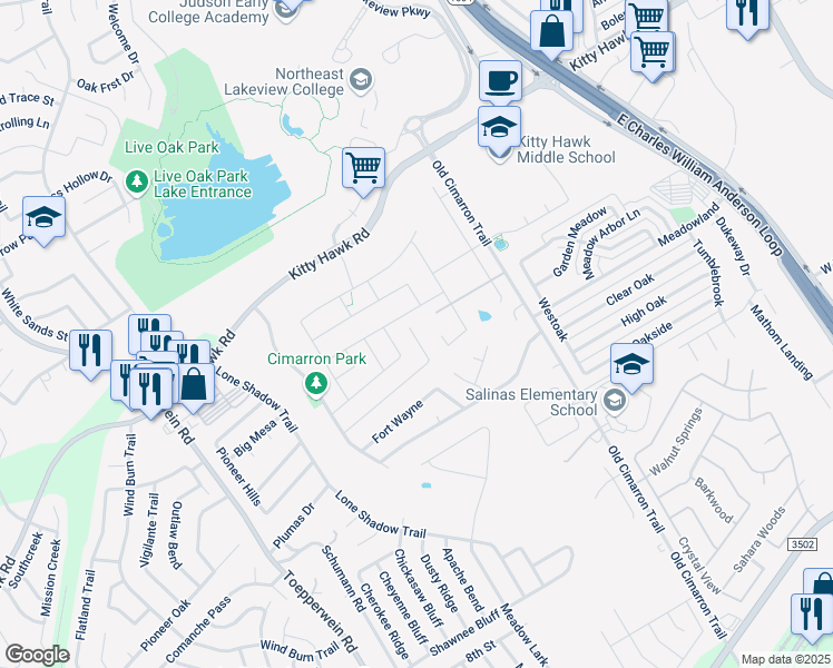 map of restaurants, bars, coffee shops, grocery stores, and more near 125 Friendswood Path in Universal City