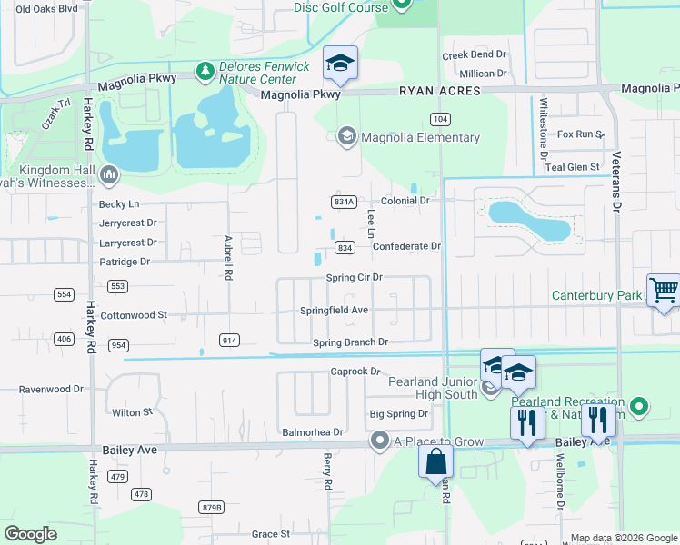 map of restaurants, bars, coffee shops, grocery stores, and more near 5213 Spring Circle Drive in Pearland