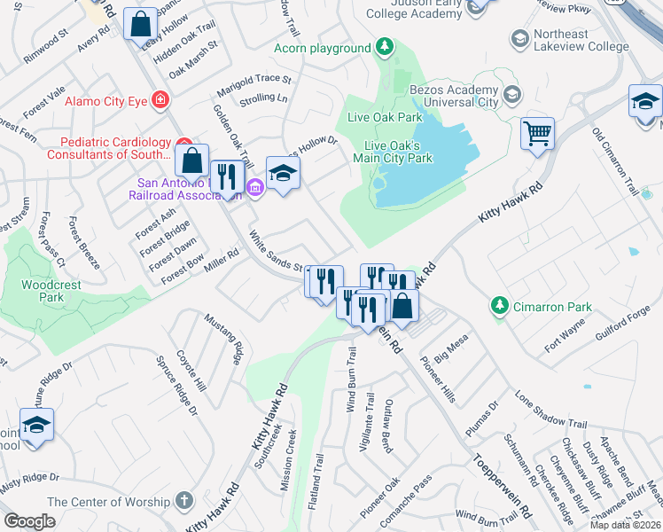 map of restaurants, bars, coffee shops, grocery stores, and more near 11013 White Sands Street in Live Oak