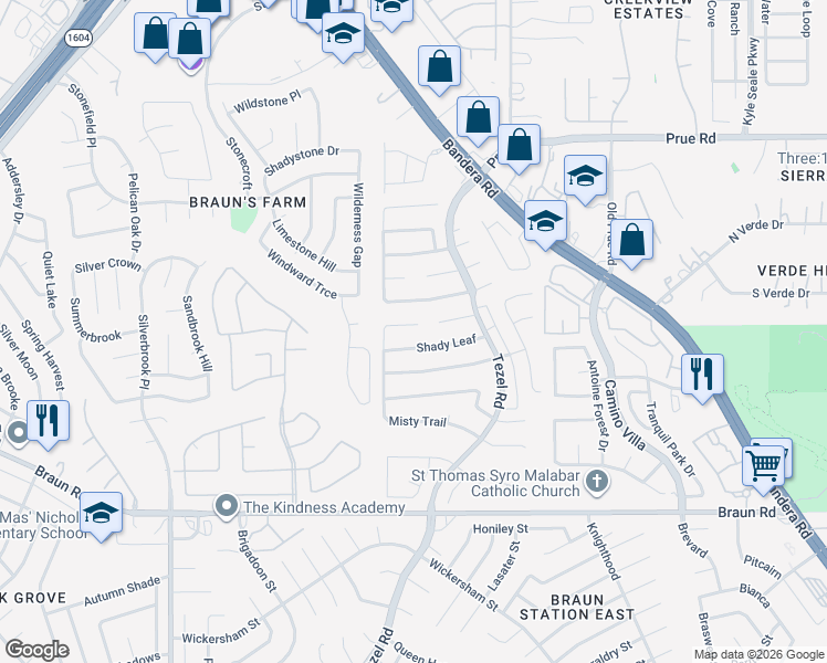 map of restaurants, bars, coffee shops, grocery stores, and more near 8914 Shady Hills in San Antonio