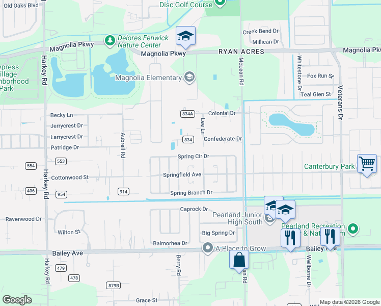 map of restaurants, bars, coffee shops, grocery stores, and more near 5213 Spring Circle Drive in Pearland