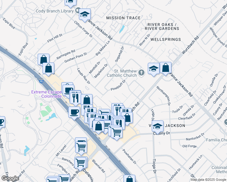map of restaurants, bars, coffee shops, grocery stores, and more near 3638 Pinebluff Dr in San Antonio