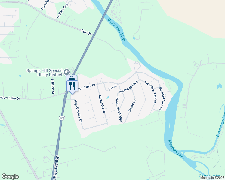 map of restaurants, bars, coffee shops, grocery stores, and more near 215 Pet Street in Seguin
