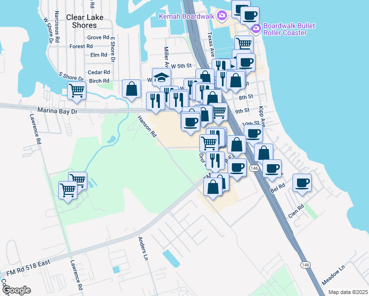 map of restaurants, bars, coffee shops, grocery stores, and more near in Clear Lake Shores