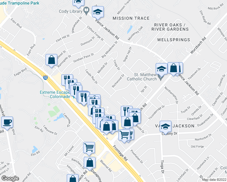 map of restaurants, bars, coffee shops, grocery stores, and more near 10503 Pinedale Drive in San Antonio