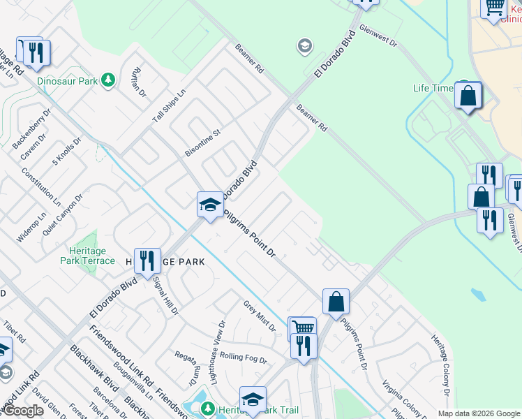 map of restaurants, bars, coffee shops, grocery stores, and more near 2338 Colonial Ridge Drive in Friendswood