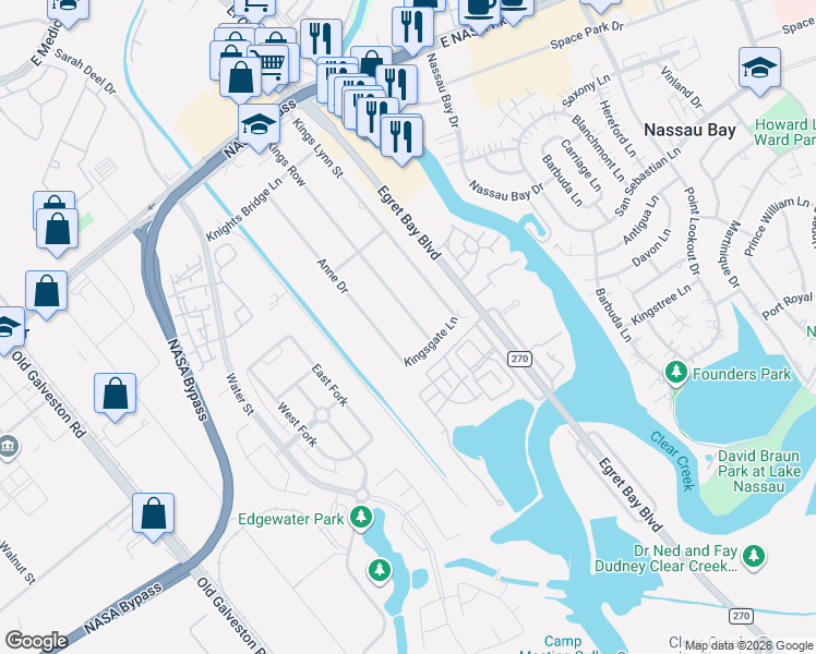map of restaurants, bars, coffee shops, grocery stores, and more near 18607 Kings Row in Houston