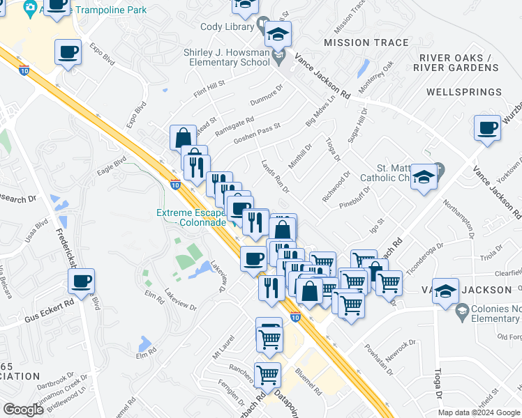 map of restaurants, bars, coffee shops, grocery stores, and more near 4330 Spectrum 1 in San Antonio