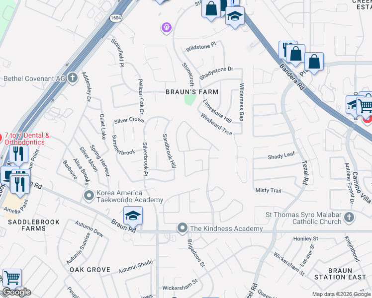 map of restaurants, bars, coffee shops, grocery stores, and more near 6 Branwood in San Antonio