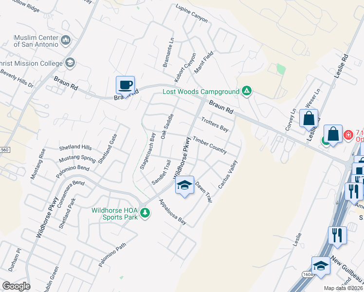 map of restaurants, bars, coffee shops, grocery stores, and more near 10122 Wildhorse Parkway in San Antonio