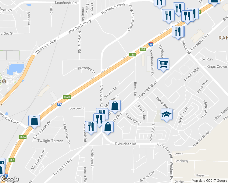 map of restaurants, bars, coffee shops, grocery stores, and more near 5642 Bienville Drive in San Antonio