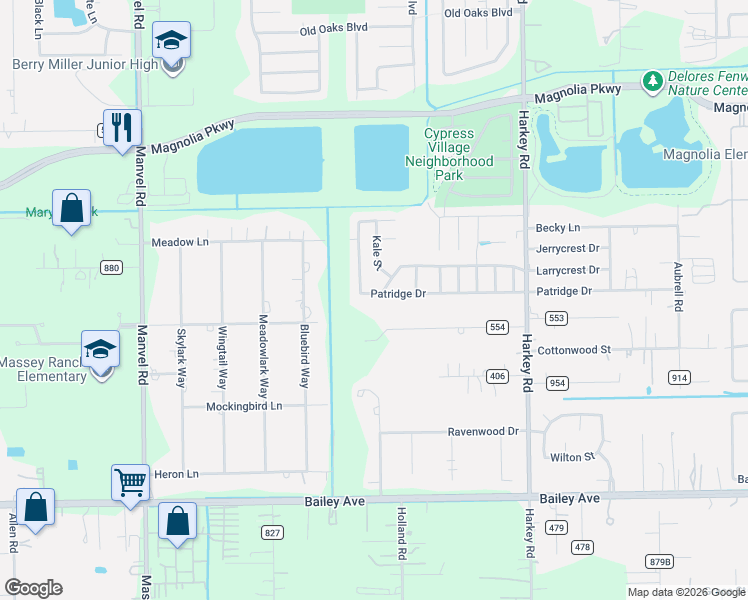 map of restaurants, bars, coffee shops, grocery stores, and more near 6502 Patridge Drive in Pearland