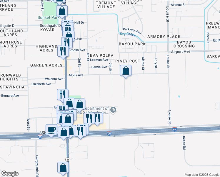 map of restaurants, bars, coffee shops, grocery stores, and more near 2814 Talasek Street in Rosenberg