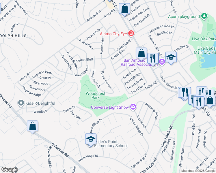 map of restaurants, bars, coffee shops, grocery stores, and more near 10909 Forest Breeze in Live Oak