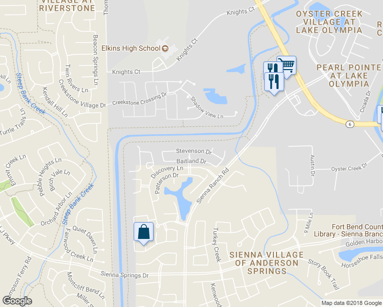 map of restaurants, bars, coffee shops, grocery stores, and more near 7106 Stevenson Drive in Missouri City