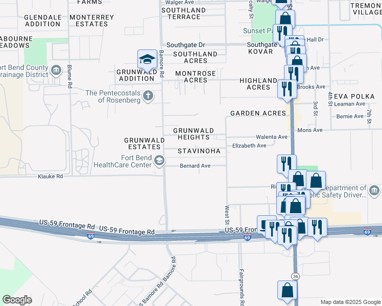 map of restaurants, bars, coffee shops, grocery stores, and more near 1002 Elizabeth Ave in Rosenberg