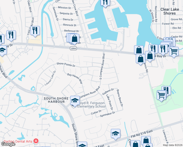 map of restaurants, bars, coffee shops, grocery stores, and more near 2219 Summer Reef Drive in League City