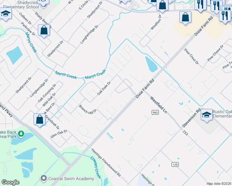map of restaurants, bars, coffee shops, grocery stores, and more near 3820 Pin Oak Drive South in Pearland